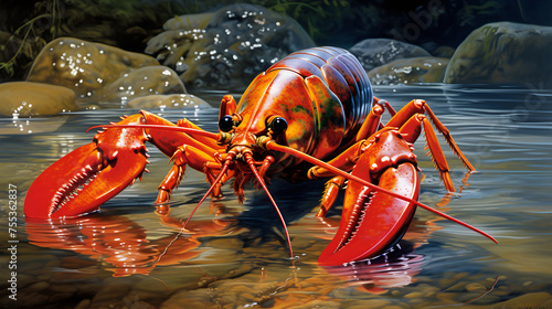 Close-up View of Majestic Crawfish in Vibrant Hues and in Naturalistic Surrounding Environment © Lura