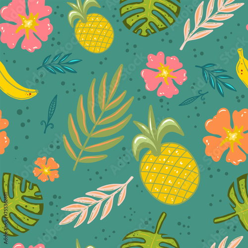 Seamless pattern with hand drawn tropical flowers. Vector illustration