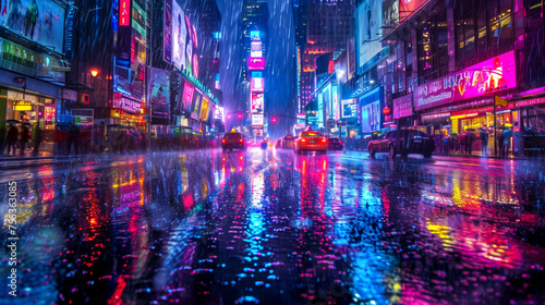 A rain shower transforms a city street into a canvas of reflected neon lights, each droplet a miniature prism, adding a surreal, magical dimension to the urban scenery © Дмитрий Симаков