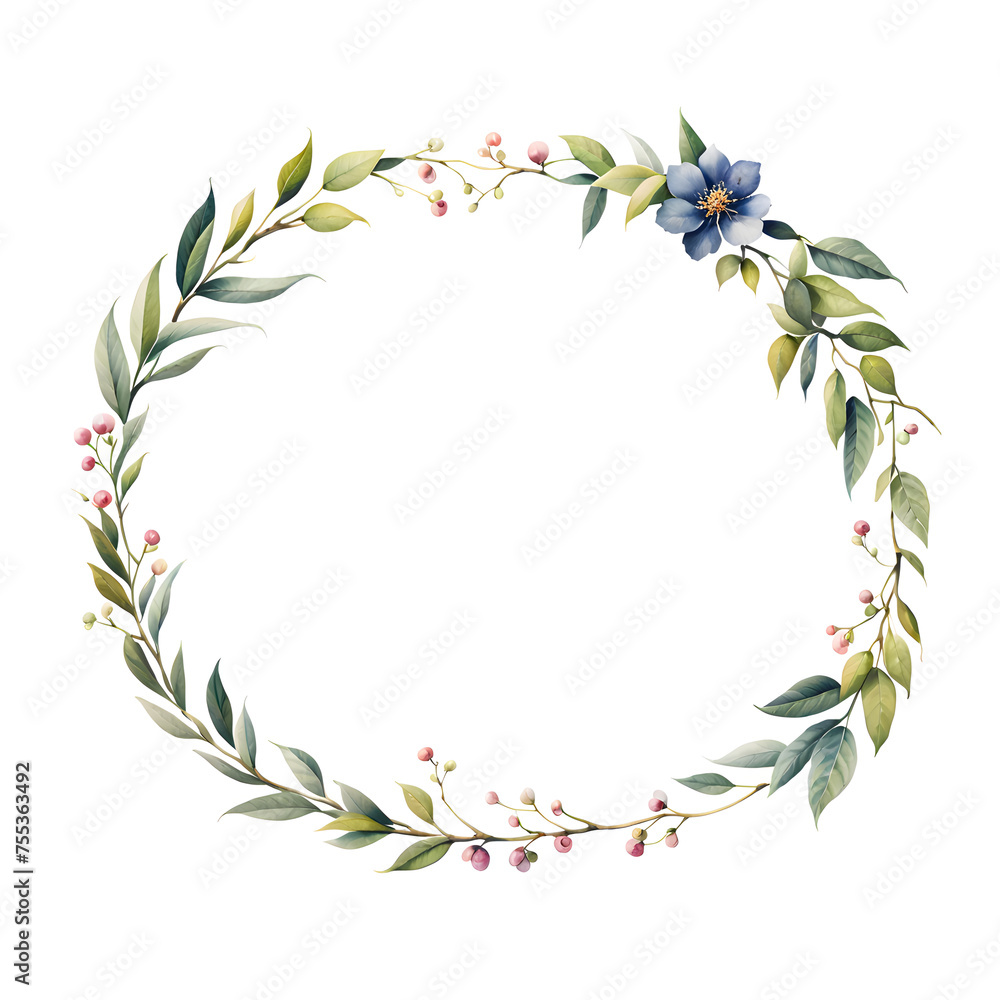 Fototapeta premium leafy-wreath-dotted-with-mini-flowers-enveloping-a-void-against-a-white-background-watercolor