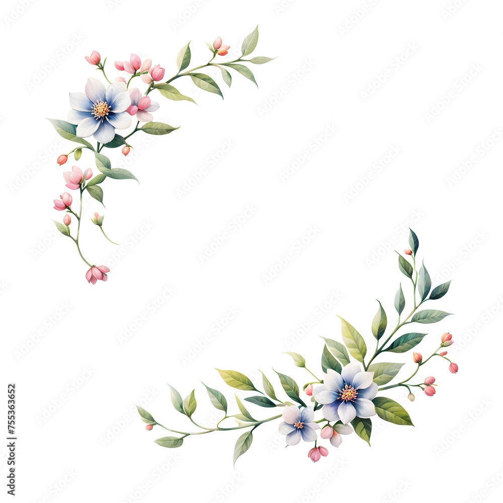 leafy-frame-with-blossoming-flowers-watercolor-illustration-in-minimalist-style-no-background