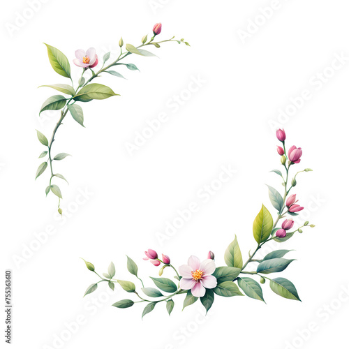 leafy-frame-with-blossoming-flowers-watercolor-illustration-in-minimalist-style-no-background