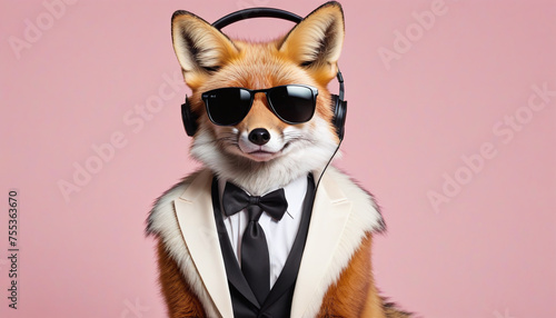 fox in a suit with sunglasses and headphones. Pastel background