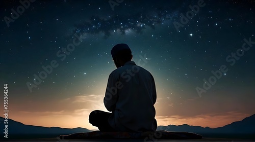 Silhouette of a Muslim pray in the night of Ramadan under the starry sky. Islamic illustration background.