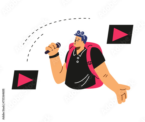 Man with backpack speaking into a microphone, mass media reporter or journalist, vector cartoon video maker, play icons