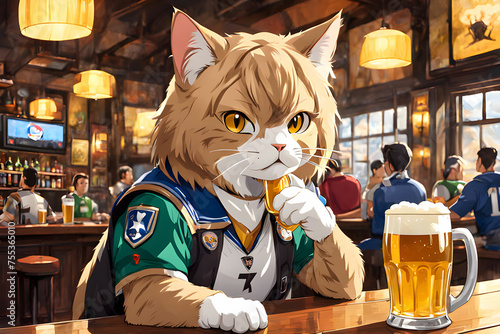 Cat drinking beer and watching sports in a sports pub.
Generative AI