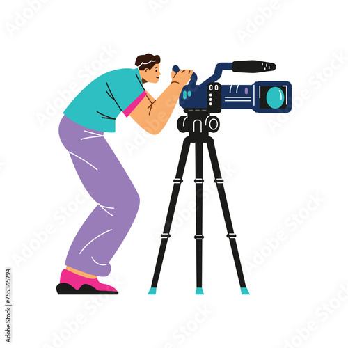 Professional videographer operating camera vector illustration