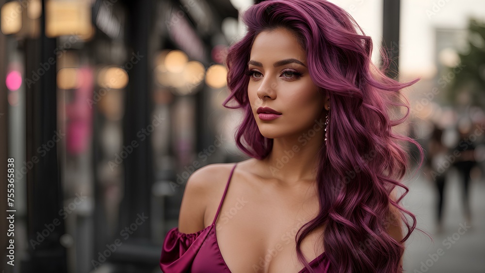 Vibrant Essence: A Closeup Portrait of a Beautiful Woman with Purple Lips, Hair, and wearing a shiny, purple top.