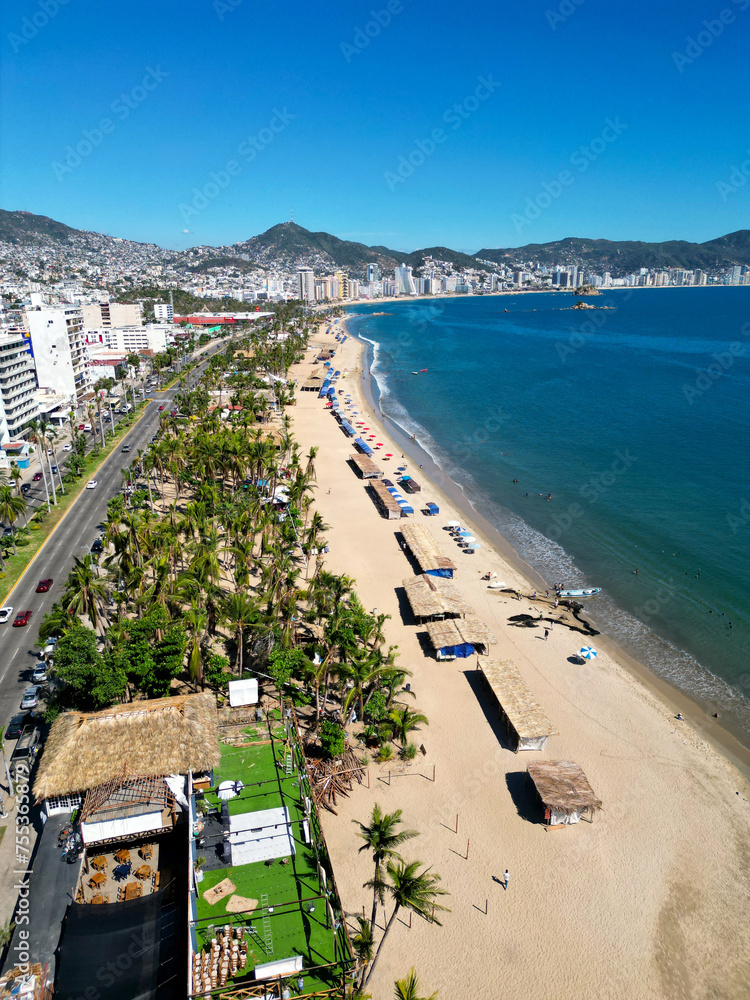 Vertical drone perspective highlighting the sandy stretch and palm trees of Tamarindos Beach in Acapulco