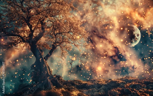 Mystic Twilight, The Ancient Tree, a twilight realm, with a backdrop of a glowing moon and shimmering celestial particles, creating a mystical and enchanting atmosphere.