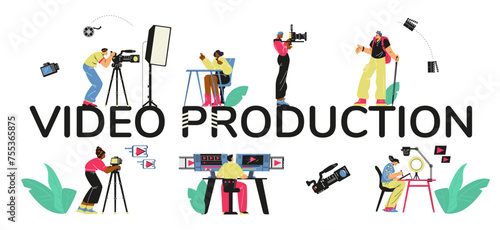Diverse video production scenes vector set