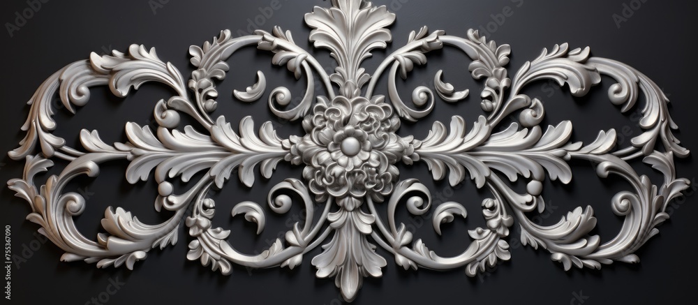 A beautiful piece of silver relief decorates a black wall, showcasing intricate carving and luxurious detailing. The classic architecture design adds a touch of elegance to the interior space. A beautiful piece of silver relief decorates a black wall, showcasing intricate carving and luxurious detailing. The classic architecture design adds a touch of elegance to the interior space.