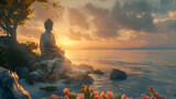 Buddha statue at water pond and lotus flowers, Buddha Statue while sun is setting, ai generated