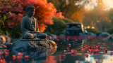Buddha statue at water pond and lotus flowers, Buddha Statue in morning, ai generated