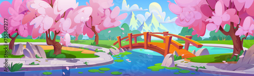 Empty city park with bridge over pond or river, pink flowering sakura trees and flying petals. Cartoon spring vector of japanese cherry woods in urban garden, mountain view. © klyaksun