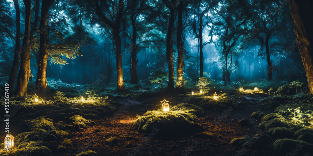 Moonlit Forest Glade. Amidst ancient trees, a moonbeam illuminates a hidden glade. Moonlit Forest Glade. Amidst ancient trees, a moonbeam illuminates a hidden glade.