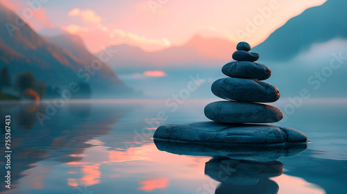 Zen stones at water pond and lotus flowers, ai generated photo