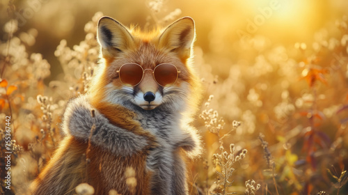 Fashion-forward fox in a faux fur coat, wearing oversized sunglasses, amidst a woodland chic backdrop, lit with dappled sunlight, emanating effortless style and charm