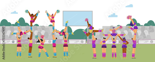 Cheerleading squad performing pyramid, acrobatic fan teams at the stadium, vector sporty girls and boys with pompoms