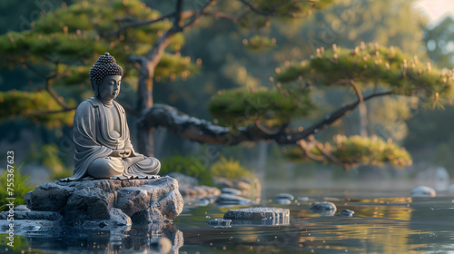 Buddha statue at water pond and lotus flowers, ai generated © Azmee