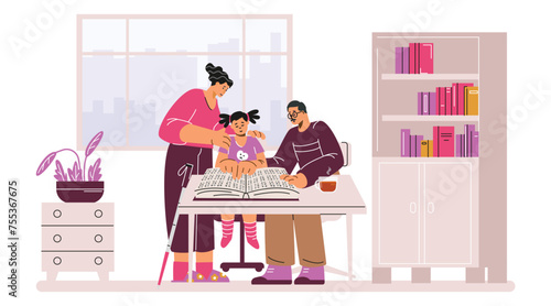 Braille learning family activity vector illustration