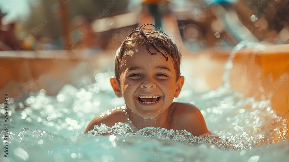A happy American little boy having fun in water in water park with a blurry backdrop and water splashes and space for text or product, Generative AI.