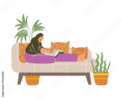 Woman sitting on the sofa and reading book on braille font using fingers, Braille language for blind people vector