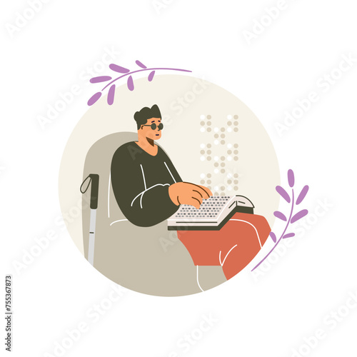 Man sitting on armchair and reading book on braille font using fingers, Braille language for blind people round vector