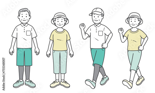 スポーツウェアと帽子をつけた高齢男女イラストセット