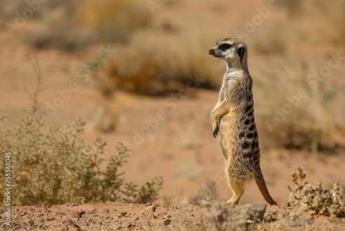 A curious meerkat standing upright, scanning its surroundings in the desert