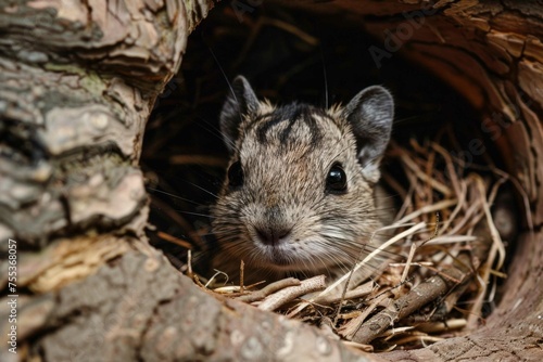 A Degu peeking out from a cozy nest inside its enclosure