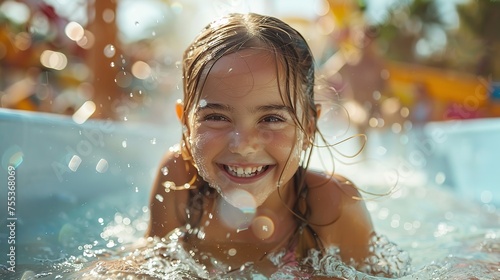 A happy American little girl having fun in water in water park with a blurry backdrop and water splashes and space for text or product, Generative AI. © Electro Unicorn