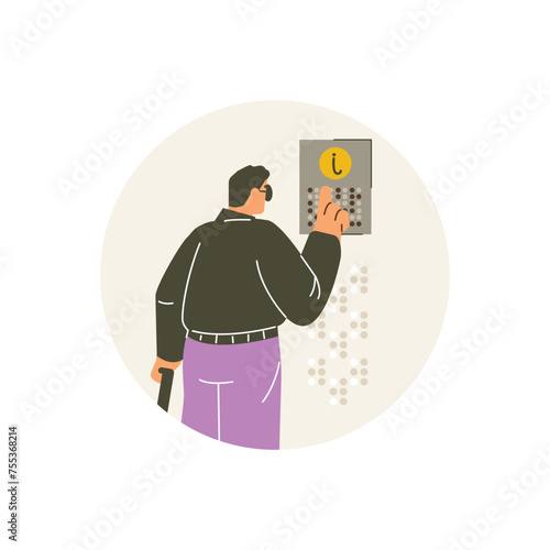 Man reading text on the pointer board, finger drives on braille font points, Braille language for blind vector in round