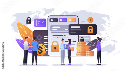 people using financial security money protection application reliability stability growth fintech business investment concept