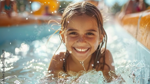 A happy American little girl having fun in water in water park with a blurry backdrop and water splashes and space for text or product, Generative AI.