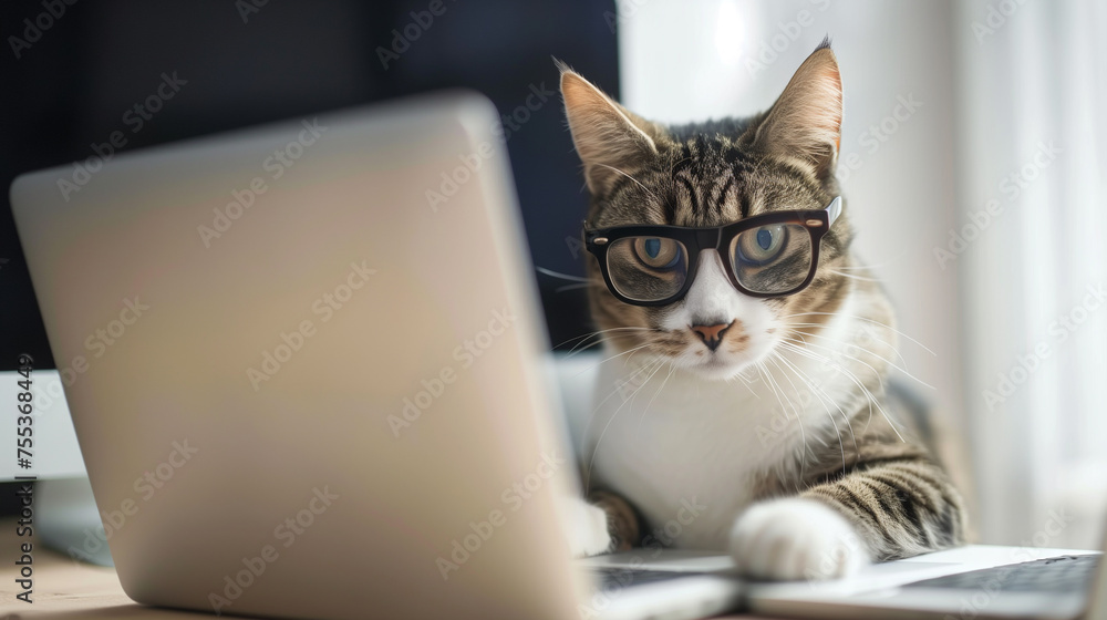 portrait of a cat wearing glasses working in the office using a laptop portrait of a cat wearing glasses working in the office using a laptop