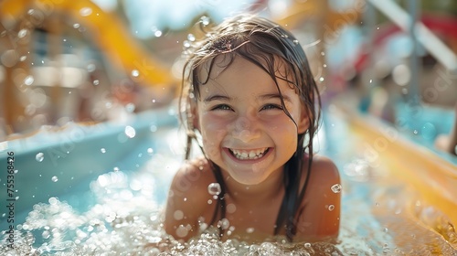 A happy American little girl having fun in water in water park with a blurry backdrop and water splashes and space for text or product  Generative AI.