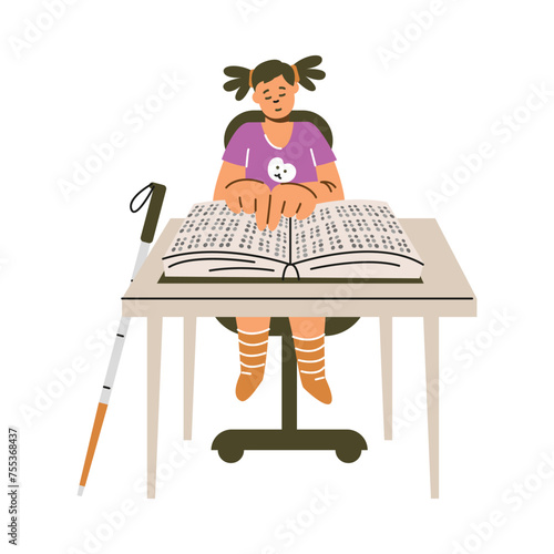 Child reading braille book vector illustration