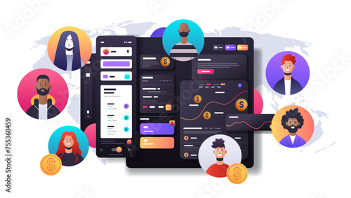 mix race people using online banking smart wallet payment application fintech business investment concept horizontal