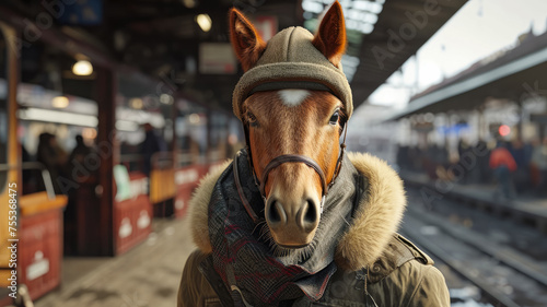 Majestic horse strides through city streets adorned in tailored sophistication, embodying street style. The realistic urban setting captures the grandeur of equine elegance fused with contemporary fas