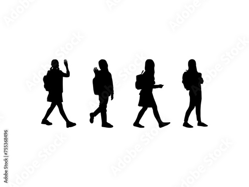 Silhouette girl school bag knowledge day. The silhouette of a girl with a school backpack and a book in her hands walks to school. A little girl walks to school.