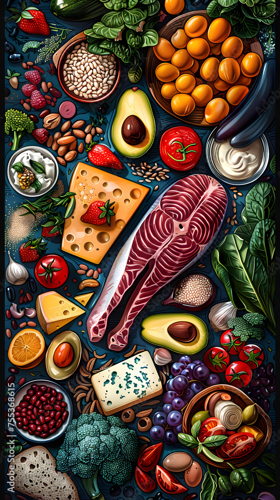 Artistic illustration of various natural foods on the table