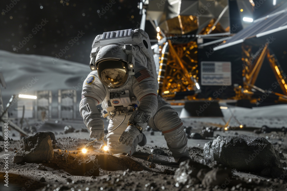 Utilize leading lines to draw the viewer's eye towards a team of astronauts conducting a habitat inspection on the terrace Utilize leading lines to draw the viewer's eye towards a team of astronauts conducting a habitat inspection on the terrace