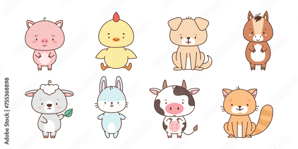 Obraz premium Set of cute farm animals chicken dog bunny cat sheep piggy horse cow. Cute animals in kawaii style. Drawings for children. vector illustration
