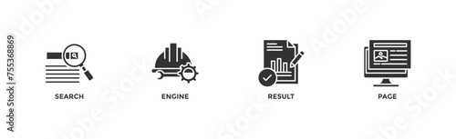 SERP banner web icon illustration concept for search engine result page with icon of web search, computer, search engine, mobile search, page result, and statistics graph	