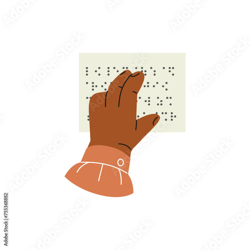 Braille language, person finger drives on points, reading text on sheet with braille font letter for blind people vector