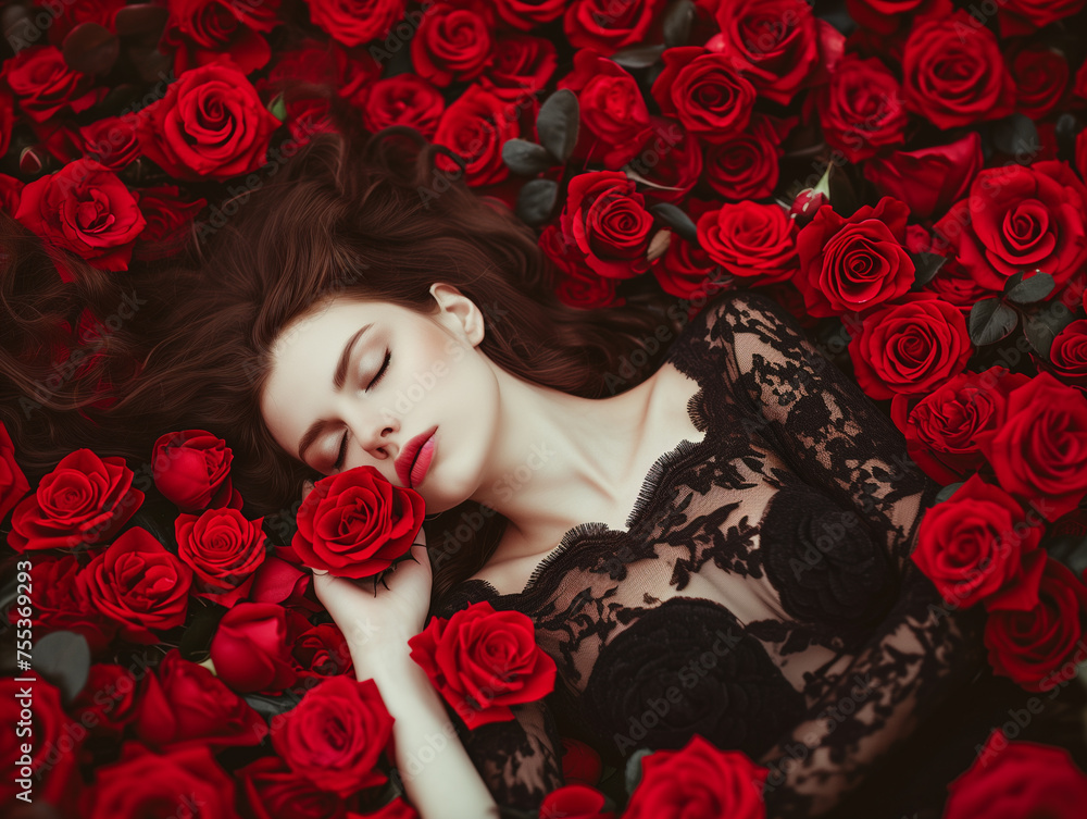 A beautiful woman in a full of red roses A beautiful woman in a full of red roses