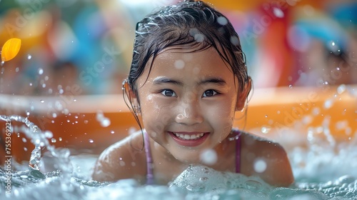 A happy Asian little girl having fun in water in water park with a blurry backdrop and water splashes and space for text or product  Generative AI.