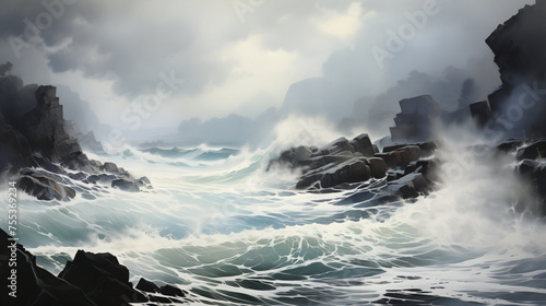 In a watercolor illustration, the intensity of an ocean scene is vividly portrayed as sunbeams break through stormy clouds, illuminating the rugged coastline with their ethereal light. © NaphakStudio