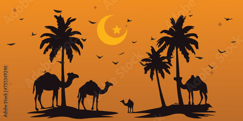 vector silhouette of a group of camels walking among the desert in the afternoon red sky and falling sunset. Ramadan landscape background or Arabic holiday.